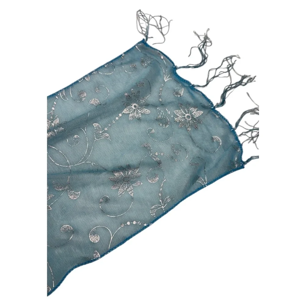 Blue Floral Womens Scarf Lightweight Sheer Wrap with Fringe 58x8‎